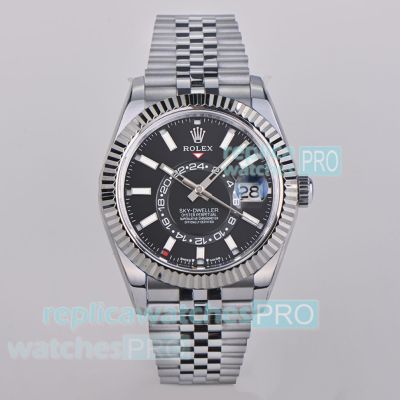 ES Factory Swiss Replica Rolex Sky-Dweller World Timer Black Dial Jubilee Band Watch 